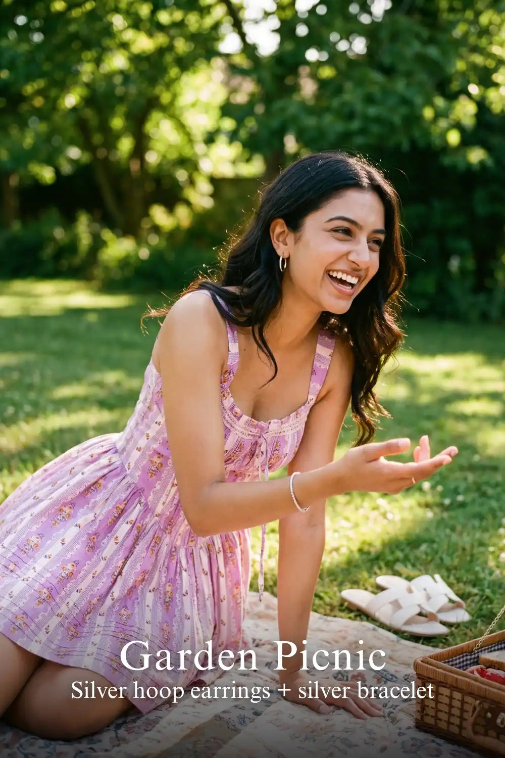 Pretty Pixie lilac floral stripe mini dress for garden picnic.