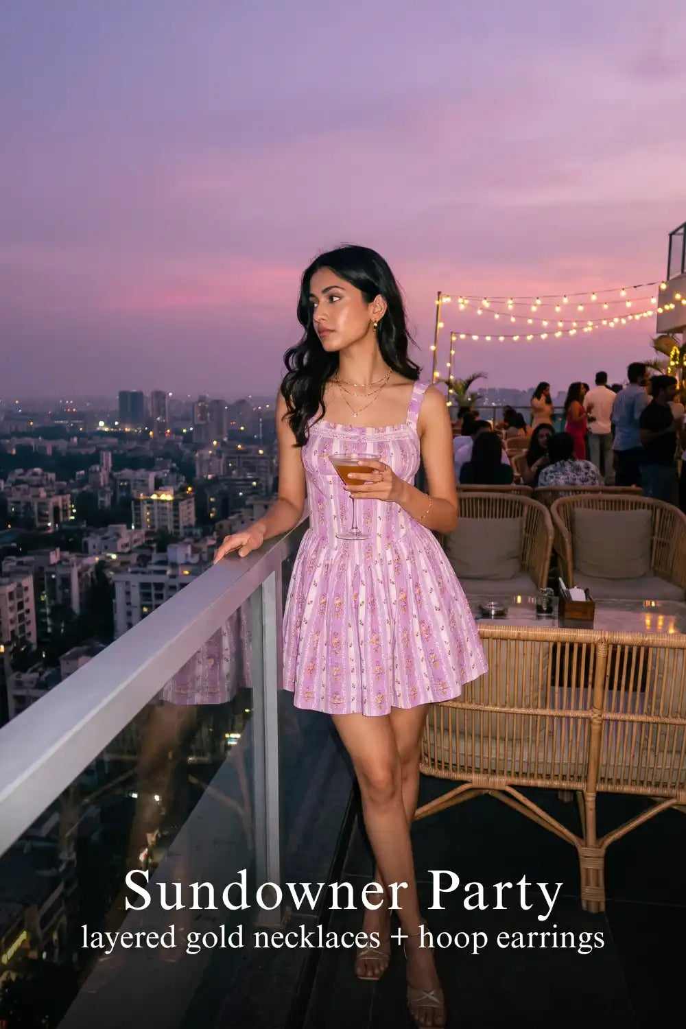 Pretty Pixie lilac floral stripe mini dress for sundowner party.