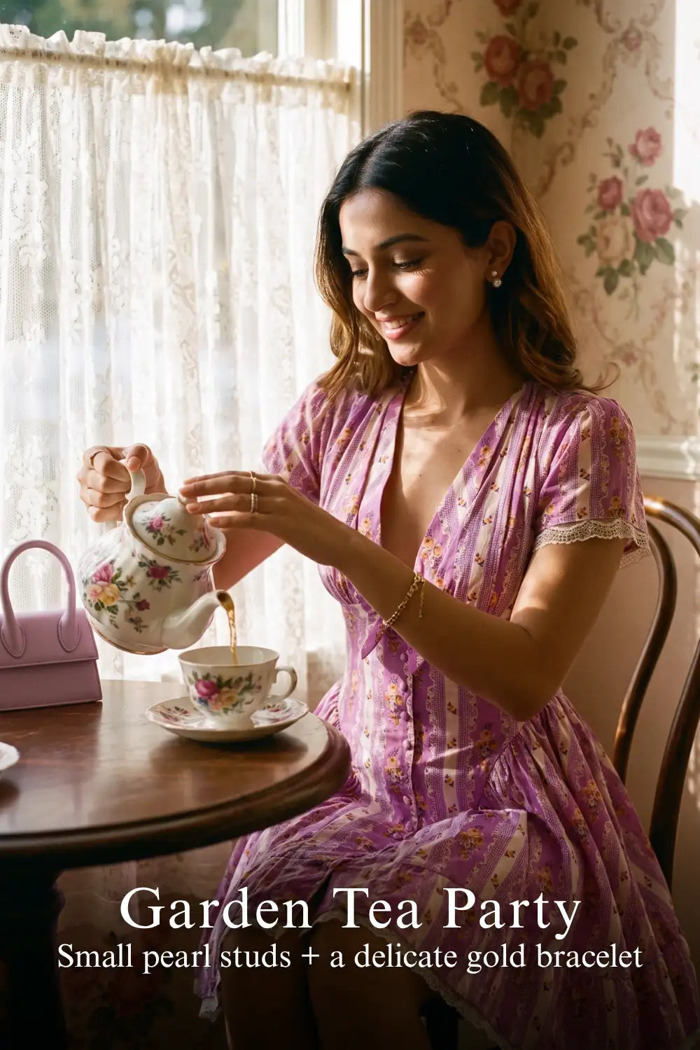 Pretty Pixie lilac floral tie-neck cap-sleeve mini dress for garden tea party.