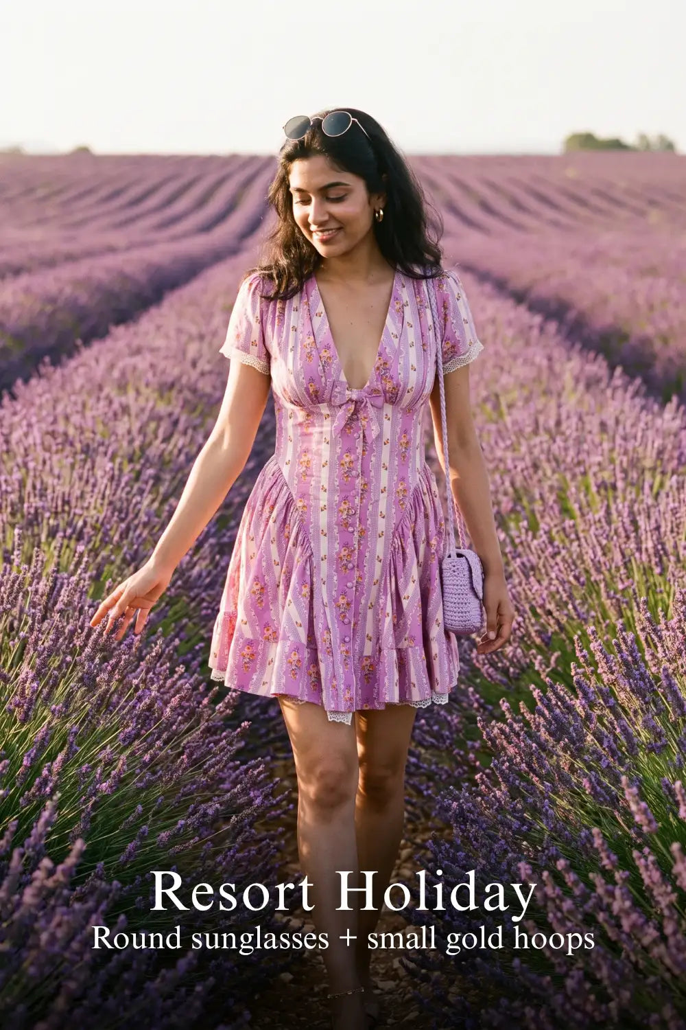 Pretty Pixie lilac floral tie-neck cap-sleeve mini dress for resort holiday.