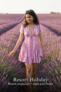 Pretty Pixie lilac floral tie-neck cap-sleeve mini dress for resort holiday.