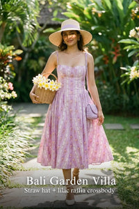 Pretty Pixie lilac floral stripe bustier cotton dress for bali garden villa.