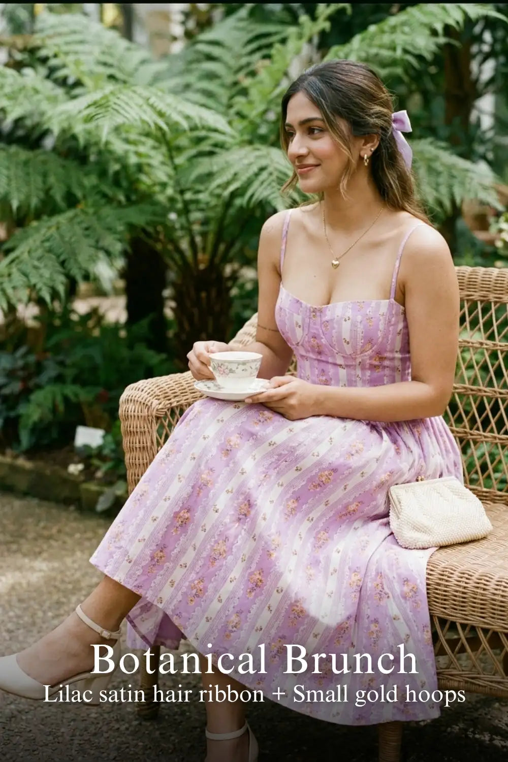 Pretty Pixie lilac floral stripe bustier cotton midi dress for botanical brunch.