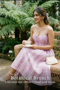 Pretty Pixie lilac floral stripe bustier cotton midi dress for botanical brunch.