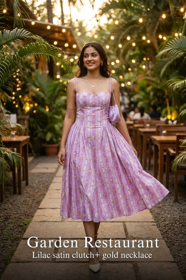 Lilac Floral Stripe Bustier Cotton Midi Dress — view 2