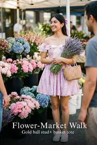Pretty Pixie lilac lace-trim off-shoulder mini dress for flower market walk.