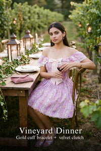 Pretty Pixie lilac lace-trim off-shoulder mini dress for vineyard dinner.