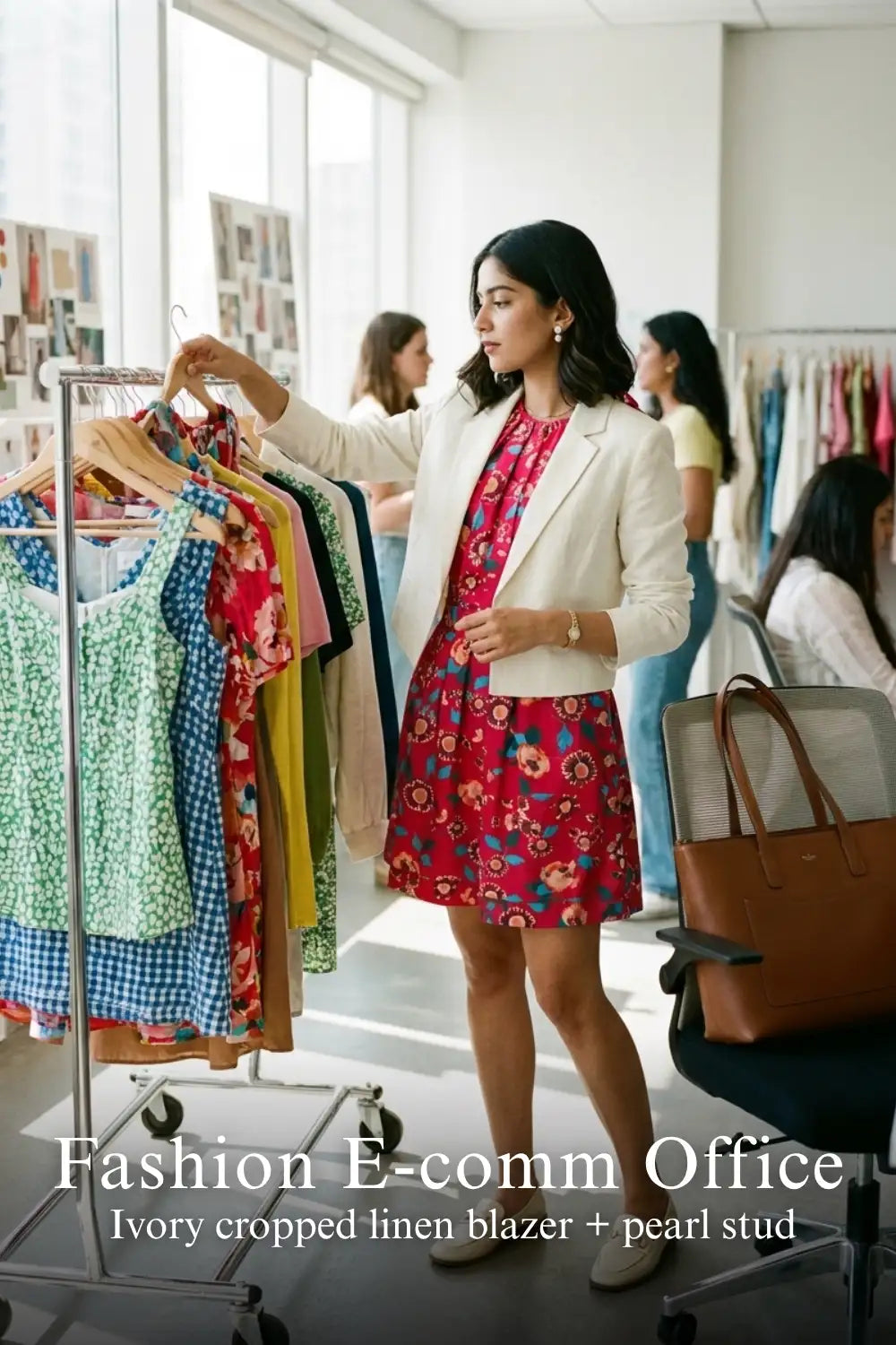 Woman in Pretty Pixie raspberry sorbet floral sleeveless belted mini dress styled for a fashion e comm office