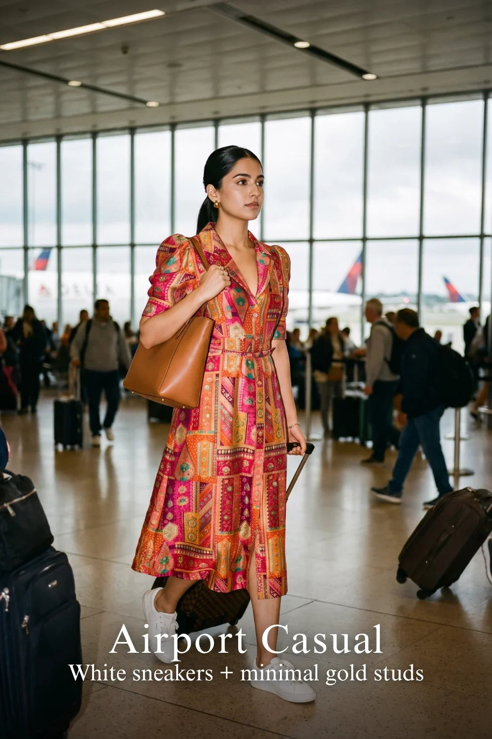 Pretty Pixie royal magenta silk floral belted midi dress for airport casual.