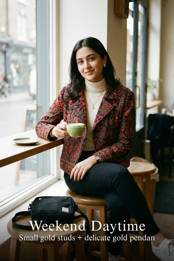 Crimson Paisley Black Hand Embroidered Biker Jacket — view 4