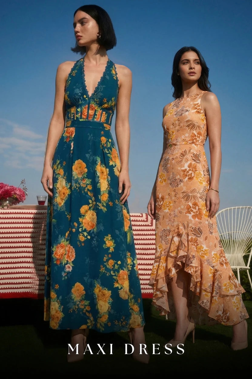 Pretty Pixie maxi dresses for women — bold floral printed organic cotton full-length dresses India