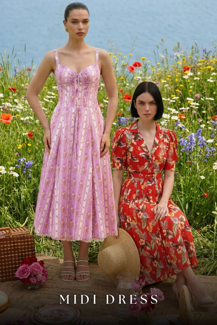 Pretty Pixie midi dresses collection — organic cotton floral corset styles India