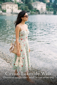 Pretty Pixie mint floral corset midi dress for casual lakeside walk.