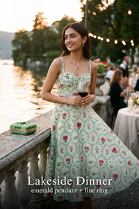 Pretty Pixie mint floral corset midi dress for lakeside dinner.