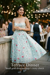 Pretty Pixie mint floral bustier midi dress for terrace dinner.