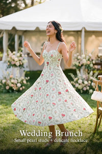 Pretty Pixie mint floral bustier midi dress for wedding brunch.