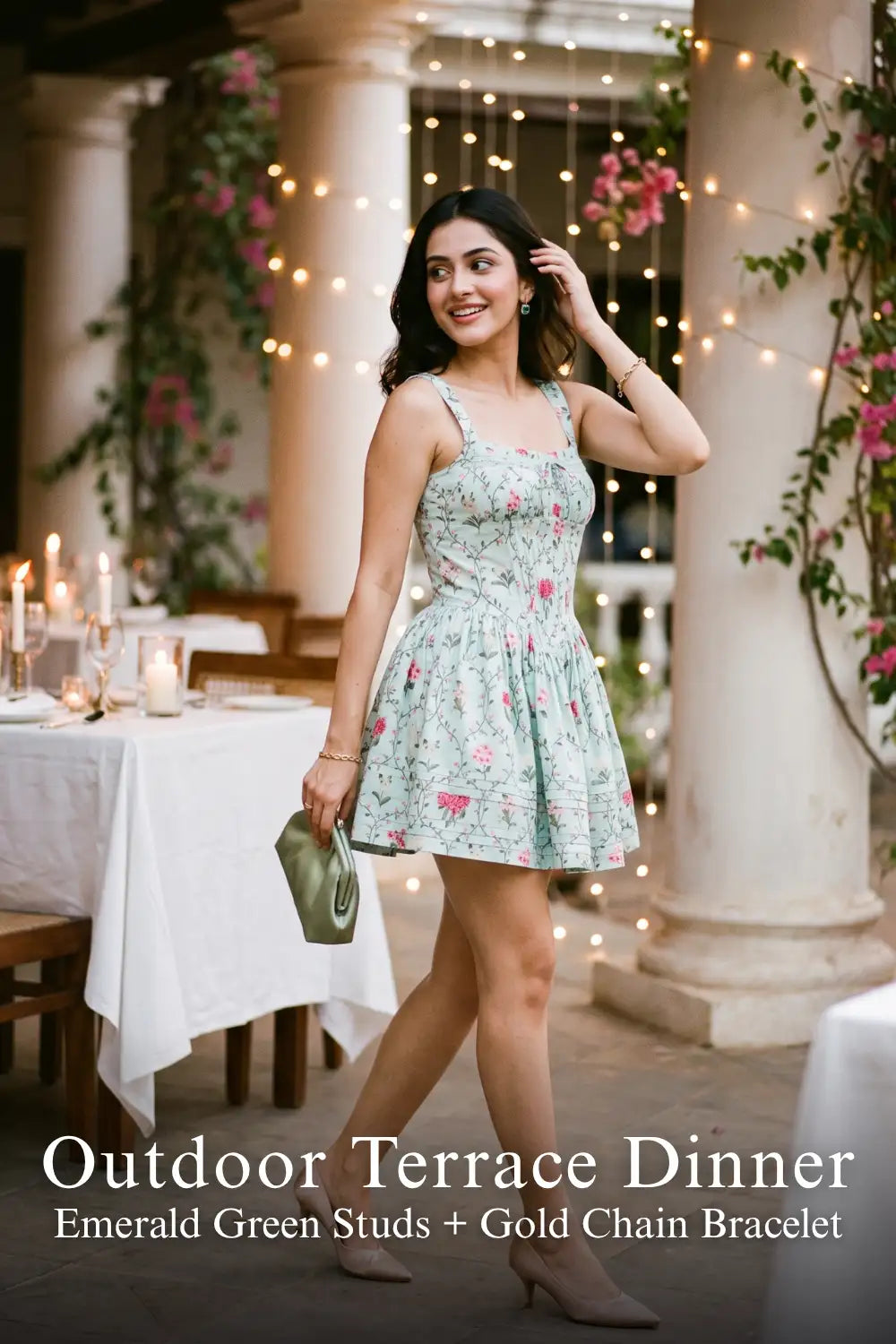 Pretty Pixie mint floral stripe mini dress for outdoor terrace dinner.