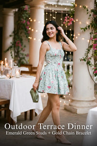 Pretty Pixie mint floral stripe mini dress for outdoor terrace dinner.