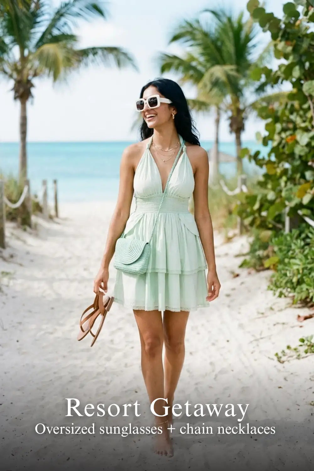 Pretty Pixie mint lace-trim halter mini dress for resort getaway.