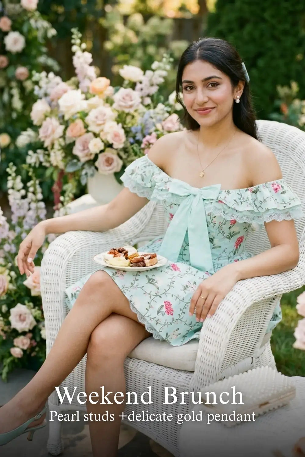 Pretty Pixie mint off-shoulder floral ruffle mini dress for weekend brunch.