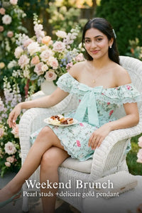 Pretty Pixie mint off-shoulder floral ruffle mini dress for weekend brunch.
