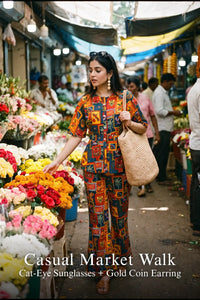 Pretty Pixie safari-print co-ord set for casual market walk.