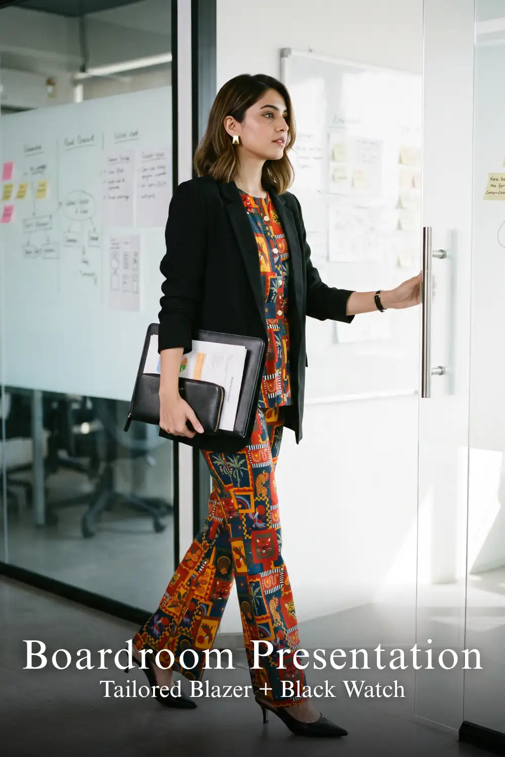 Pretty Pixie safari-print co-ord set for boardroom presentation.
