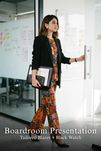 Pretty Pixie safari-print co-ord set for boardroom presentation.