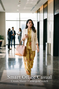 Woman in Pretty Pixie mustard yellow floral print belted co-ord set styled for a smart office casual