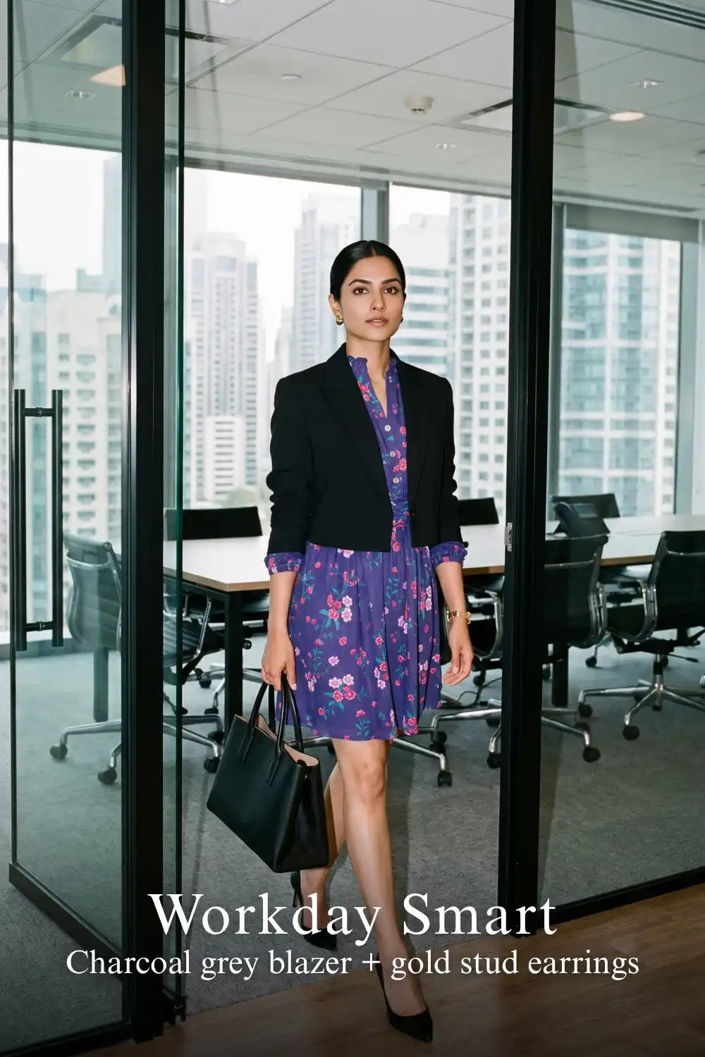 Woman in Pretty Pixie royal indigo floral v-neck puff-sleeve belted mini dress styled for a workday smart