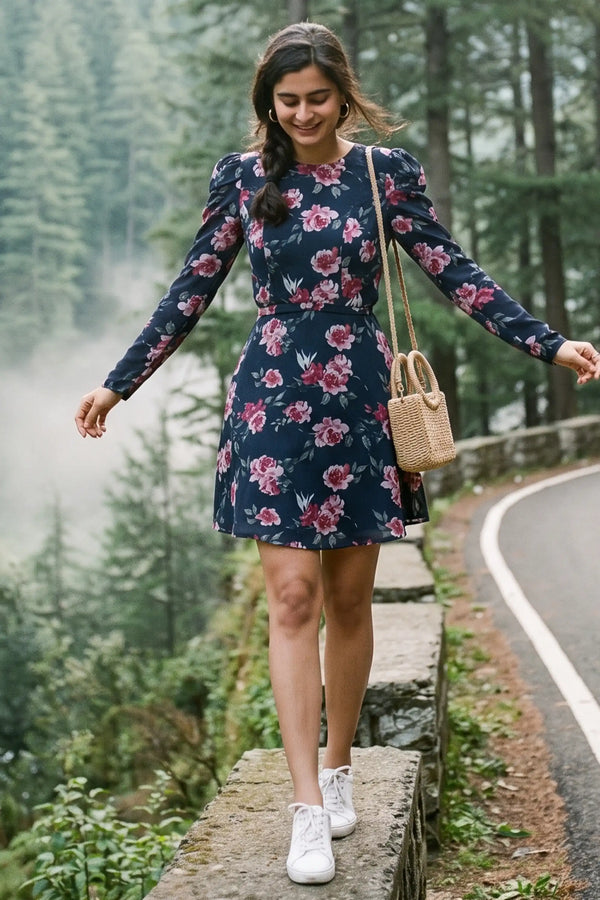 Navy Floral Puff-Sleeve Belted Mini Dress — view 1