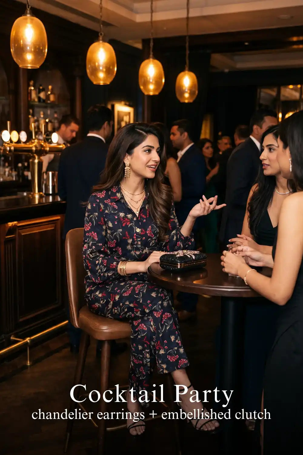 Woman in Pretty Pixie navy floral belted shirt & wide-leg co-ord set styled for a cocktail party 2