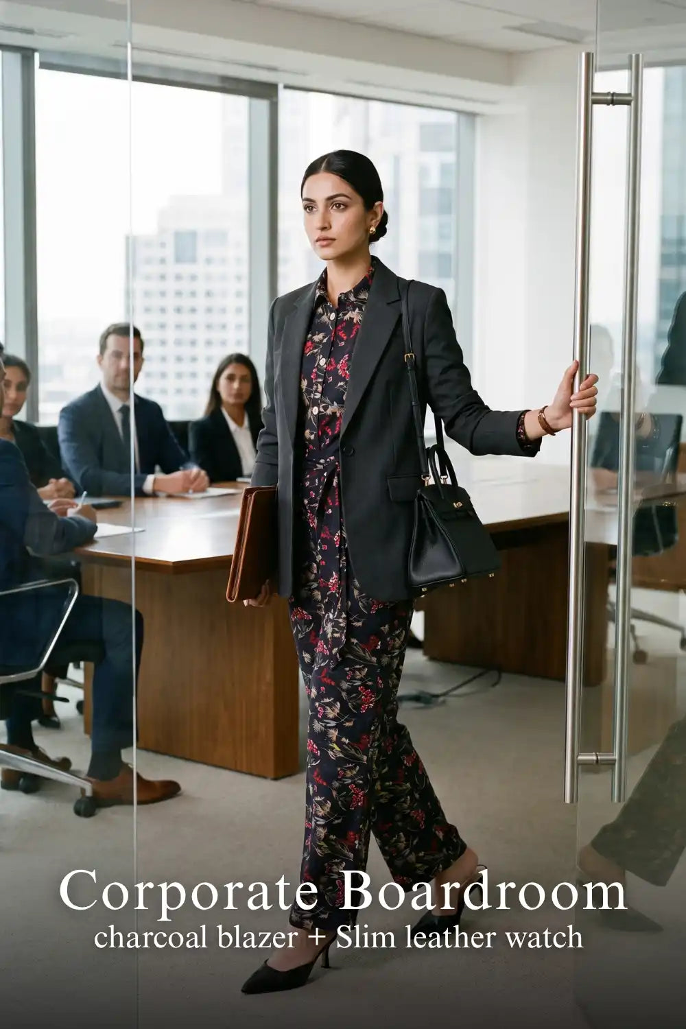 Woman in Pretty Pixie navy floral belted shirt & wide-leg co-ord set styled for a corporate boardroom