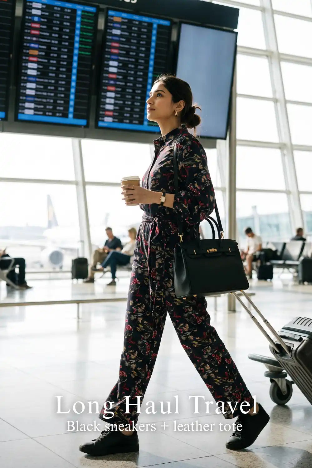 Woman in Pretty Pixie navy floral belted shirt & wide-leg co-ord set styled for a long haul travel