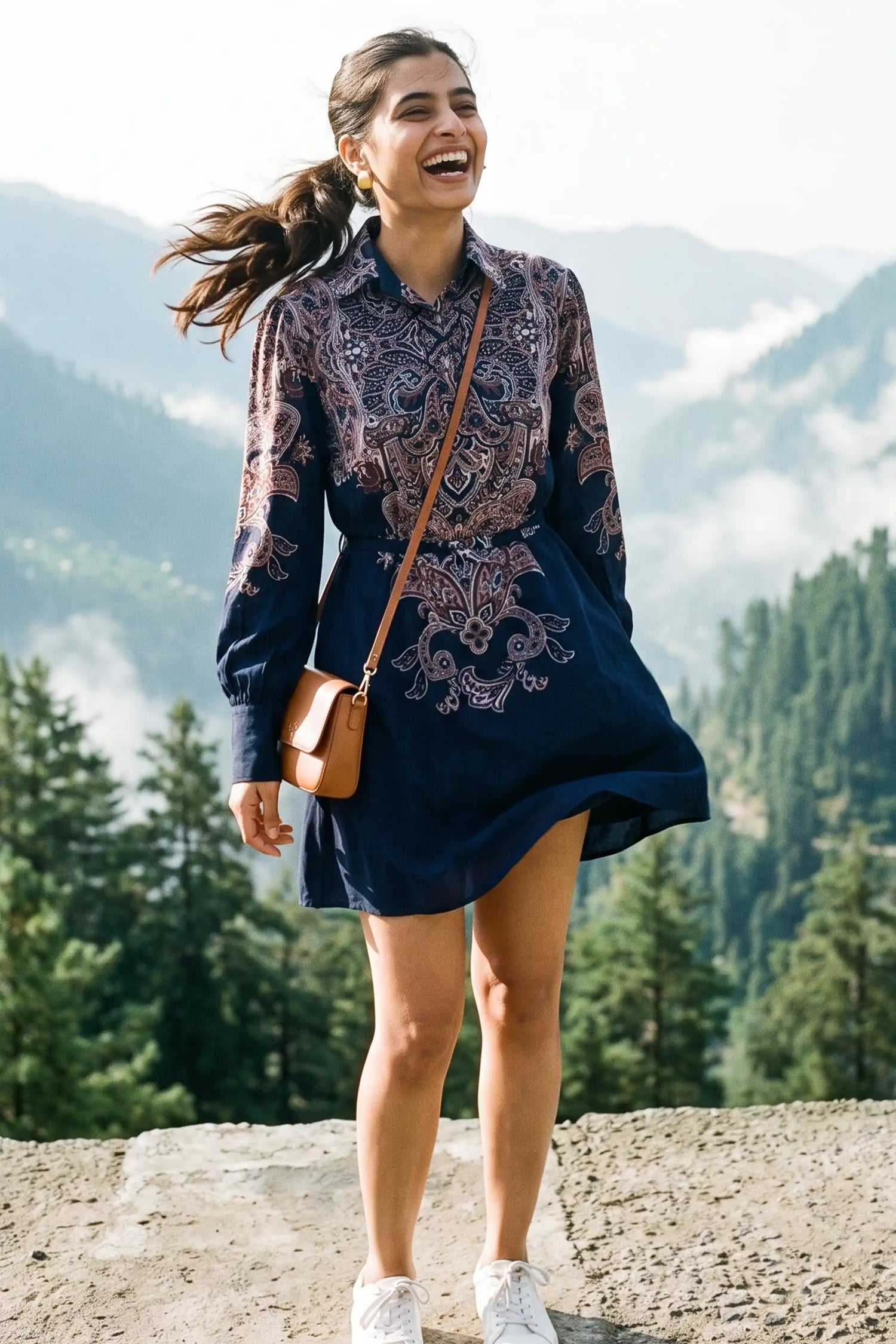 Navy Paisley Shirt Dress | Belted Long-Sleeve