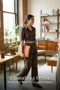 Pretty Pixie crimson paisley navy hand embroidered set for consulting office.