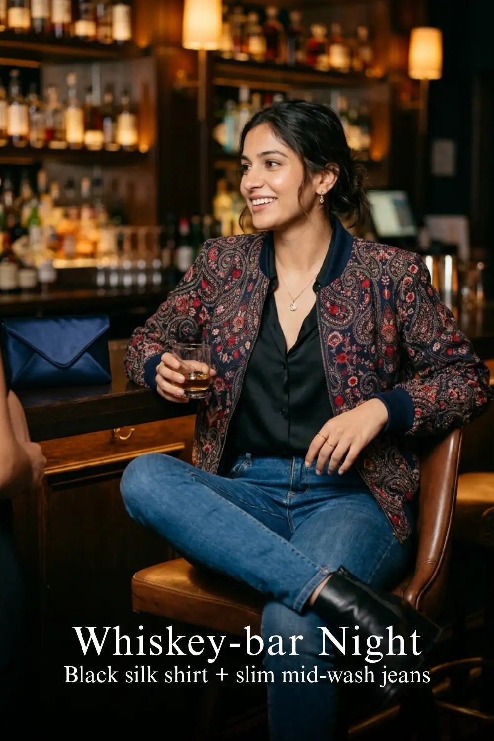 Pretty Pixie crimson paisley navy hand embroidered jacket for whiskey bar night.