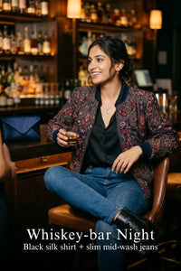 Pretty Pixie crimson paisley navy hand embroidered jacket for whiskey bar night.