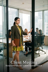 Woman in Pretty Pixie olive floral belted pleated shirt mini dress styled for a client meeting 2