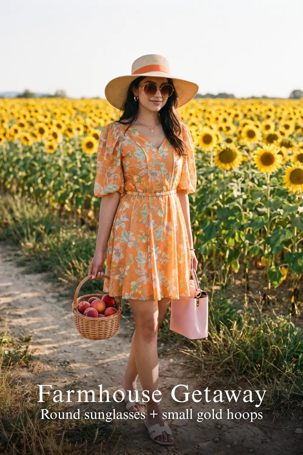 Woman in Pretty Pixie orange floral belted puff-sleeve chiffon mini dress styled for a farmhouse getaway