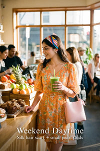 Woman in Pretty Pixie orange floral belted puff-sleeve chiffon mini dress styled for a weekend daytime