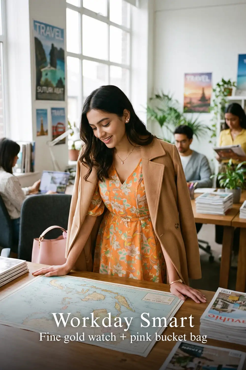 Woman in Pretty Pixie orange floral belted puff-sleeve chiffon mini dress styled for a workday smart