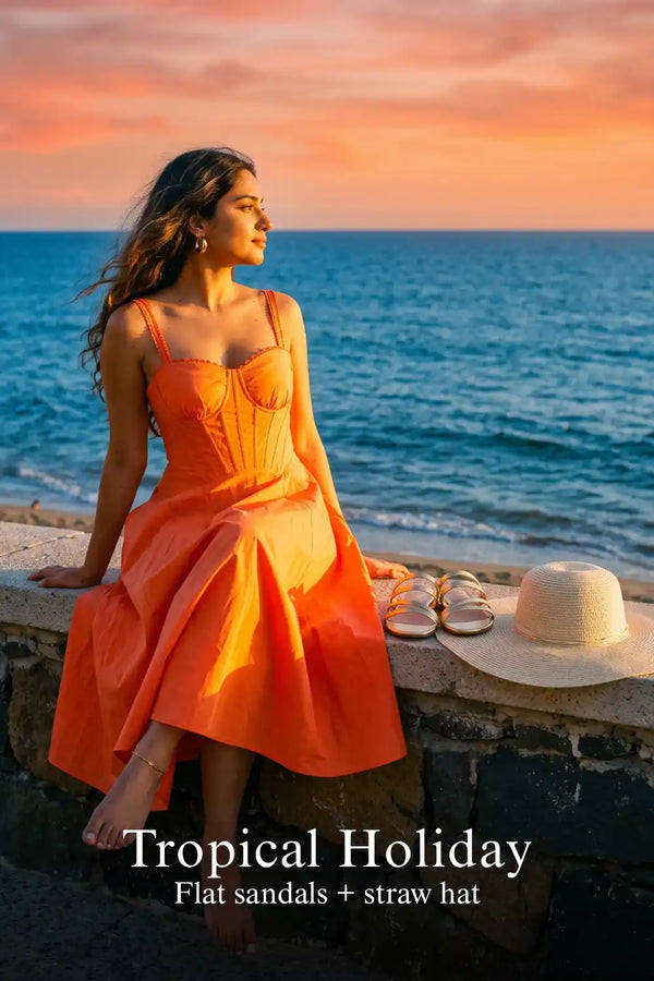 Coral Orange Spaghetti Strap Bustier Cotton Midi Dress — view 4