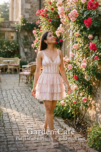 Pretty Pixie blush floral cotton mini dress for garden cafe.
