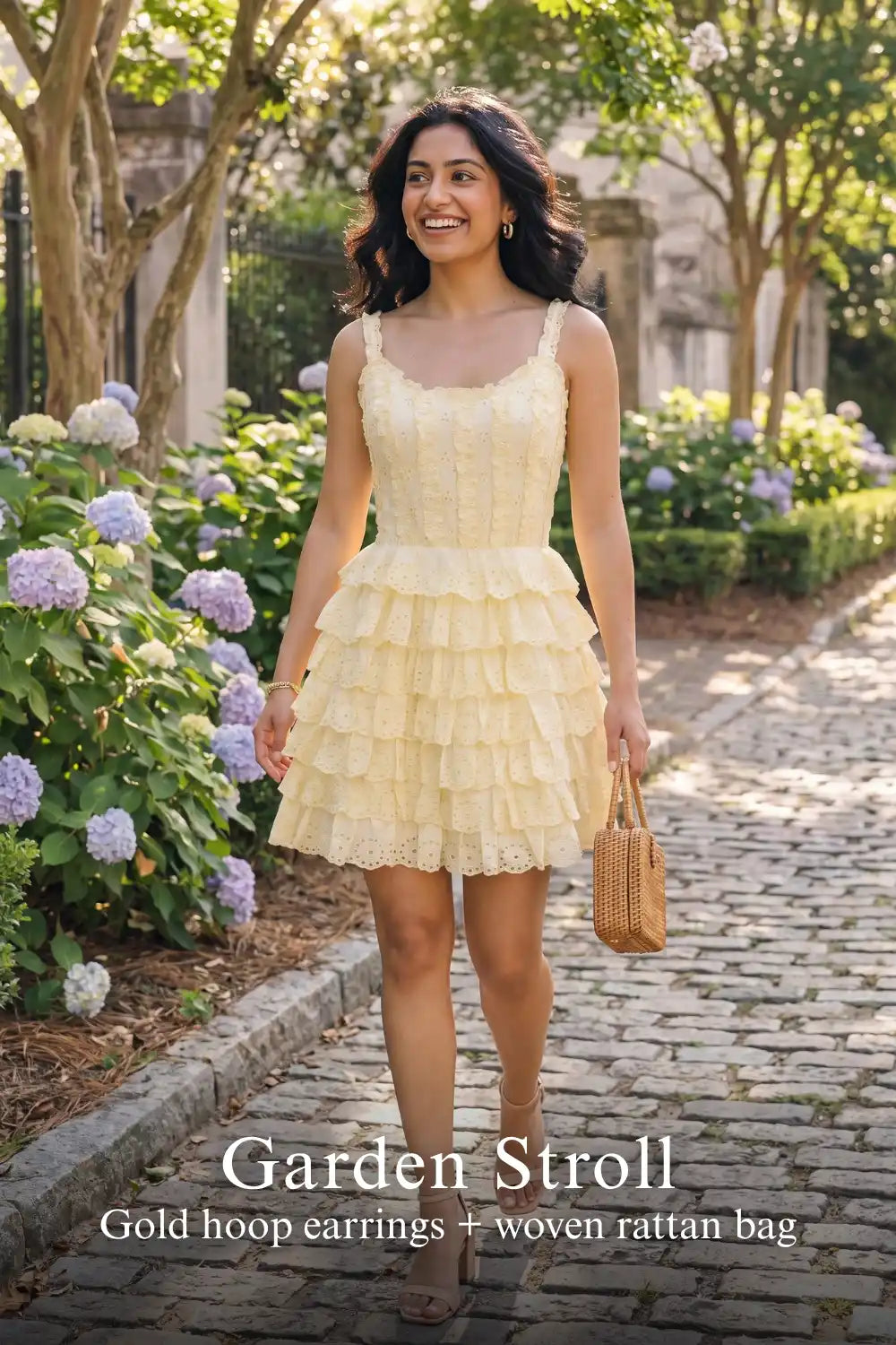 Pretty Pixie buttercream yellow eyelet tiered ruffle dress for garden stroll.
