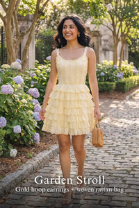 Pretty Pixie buttercream yellow eyelet tiered ruffle dress for garden stroll.