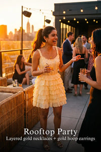 Pretty Pixie buttercream yellow eyelet tiered ruffle dress for rooftop party.