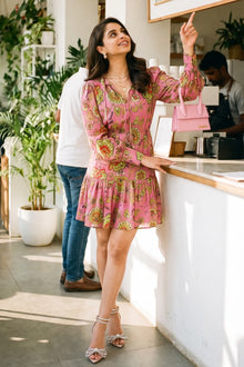 Paradise Pink Floral Puff-Sleeve Belted Mini Dress