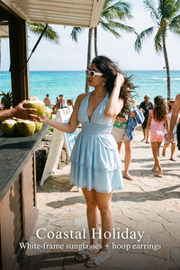 Pretty Pixie powder blue lace halter mini dress for coastal holiday.