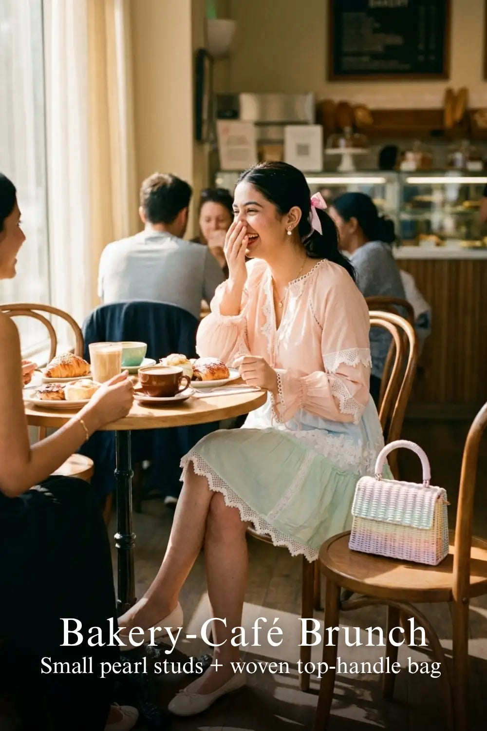 Pretty Pixie pastel peach lace-trim tiered mini dress for bakery cafe brunch.